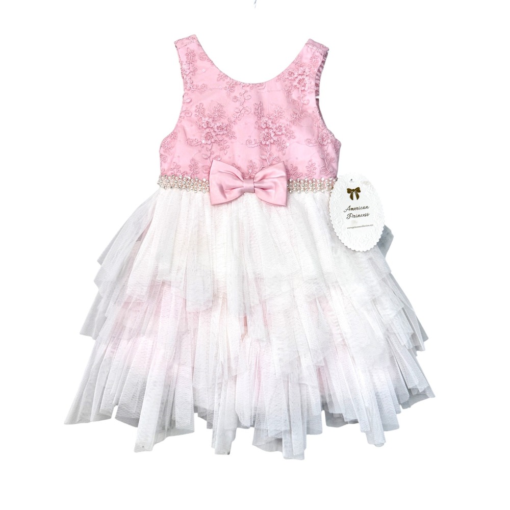 NWT American Princess Girls 2T Pink Lace Tulle Party Dress Pearl Bow A27673